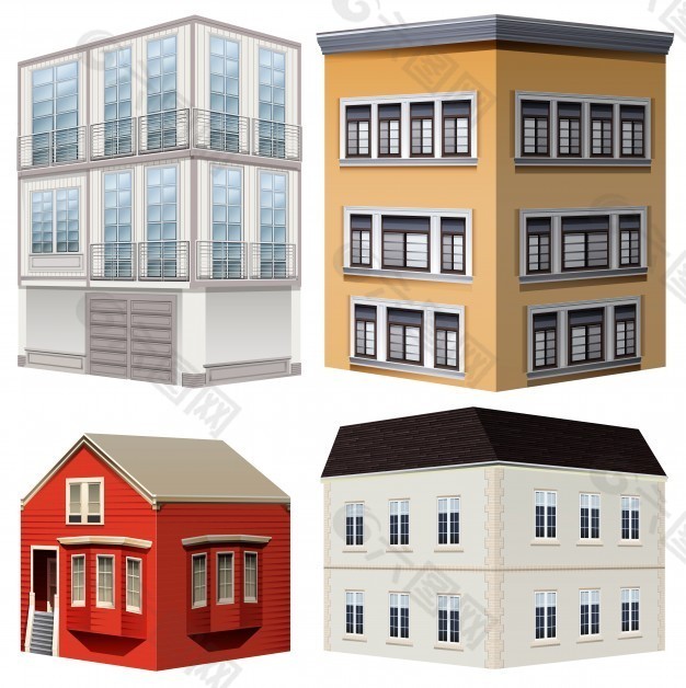 四种建筑风格插画