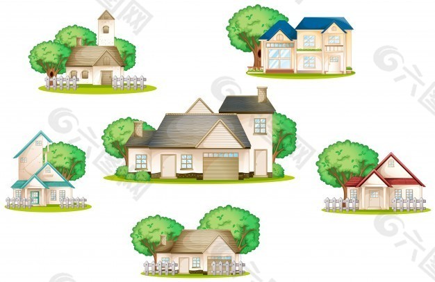 白色背景下的各种房子的插图