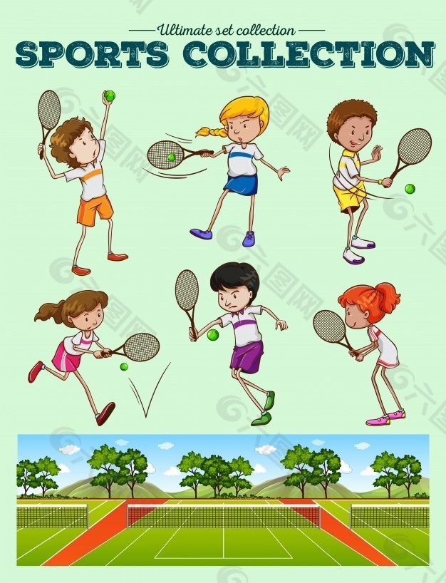 网球运动员和网球场插图
