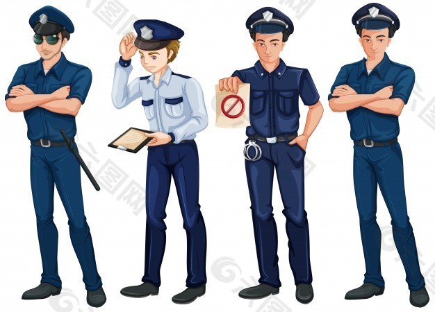 四个警察在白色背景下的插图