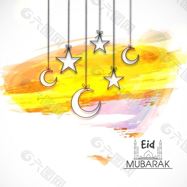 彩色背景，月亮和星星悬挂在开斋节穆巴拉克
