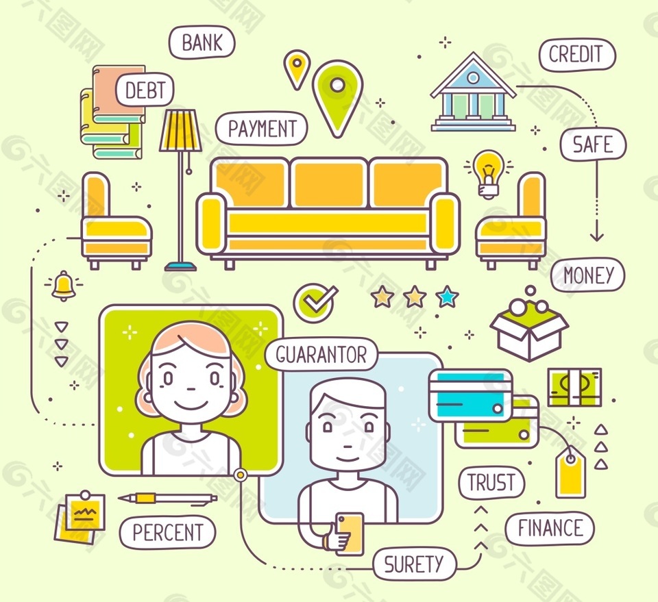 线性卡通人物银行工作流程图矢量插画