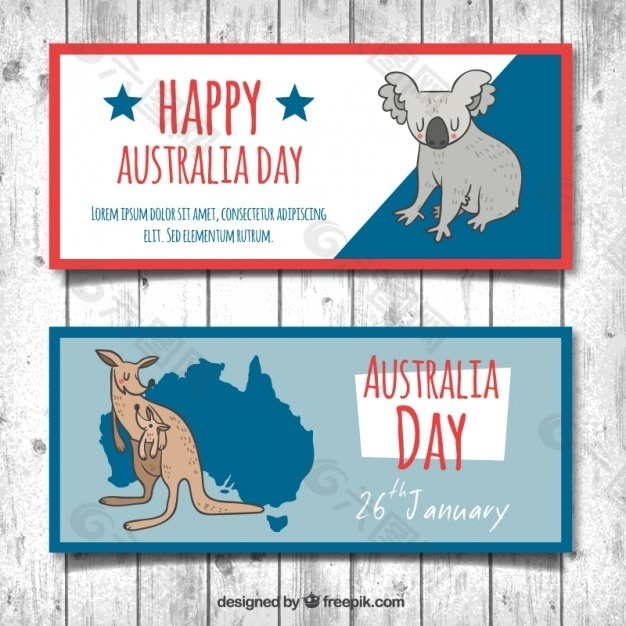 手绘澳大利亚日横幅与考拉和袋鼠