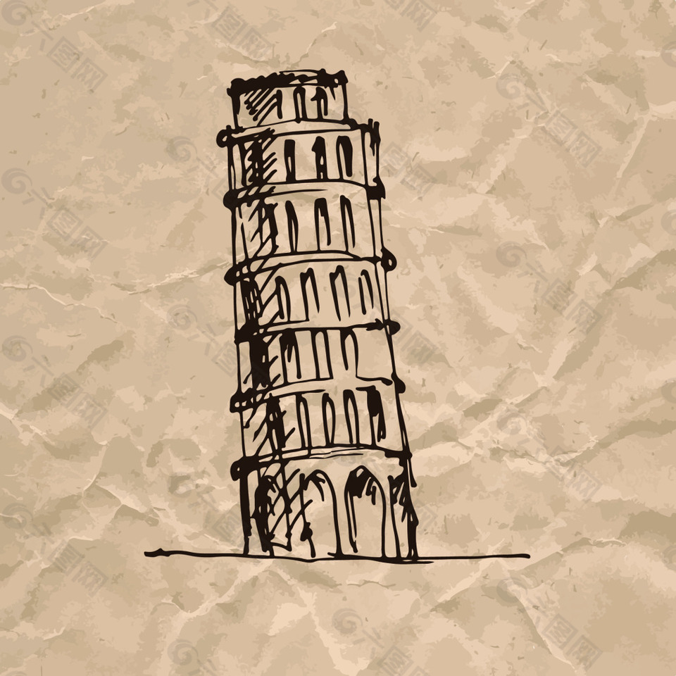 斜塔褶皱纸张手绘速写欧洲建筑矢量