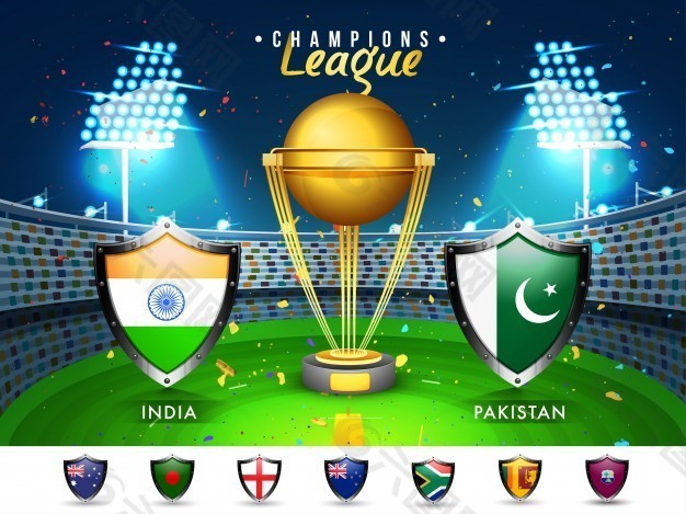 板球比赛的参赛国谢尔德斯与印度VS巴基斯坦，球场背景明亮。