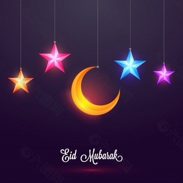 五彩缤纷的新月，五彩缤纷的星星点缀着伊斯兰著名节日Eid Mubarak的背景。