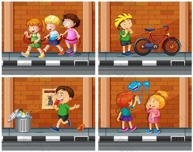 孩子们在外面的人行道上的插图