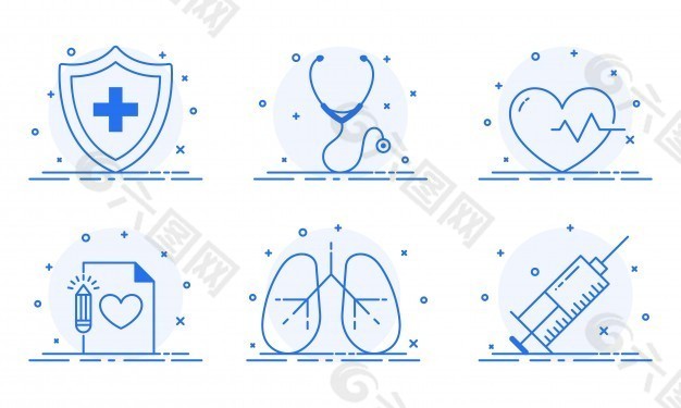 急救、听诊器、心电图、肺部及注射器用医用标志平面图。