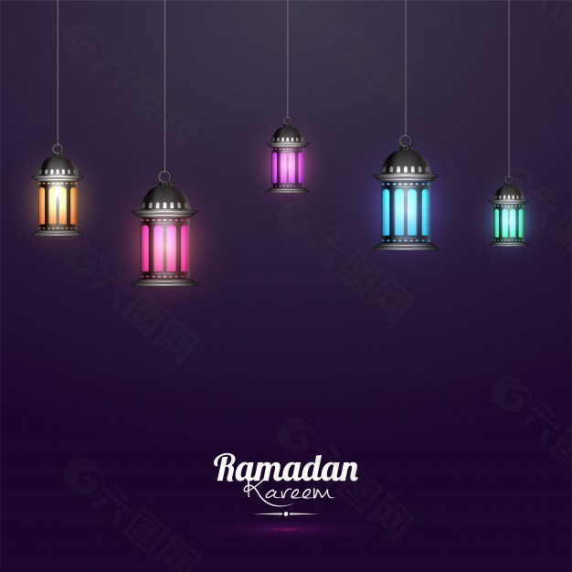 明亮的现实灯笼装饰的背景为伊斯兰神圣的斋戒月，Ramadan Kareem。