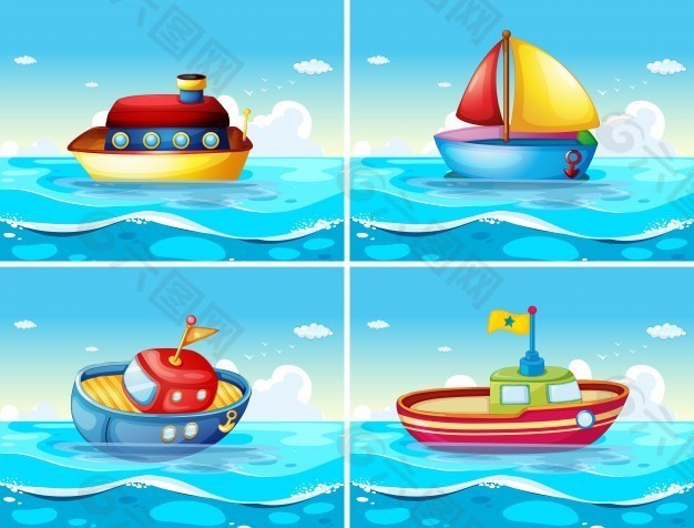 海上漂浮的四种不同类型的船