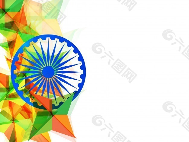 印度国旗颜色的多边形几何三角形与蓝阿育王轮、创作背景与空间添加独立日消息。