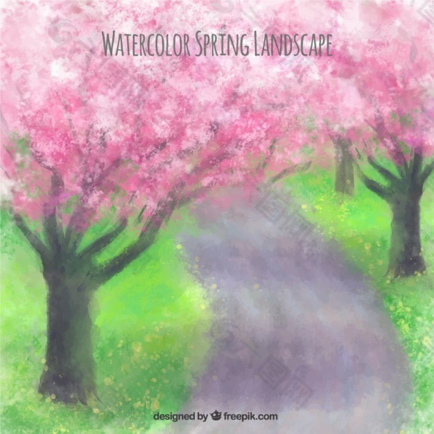 水彩画与樱桃树春天景观