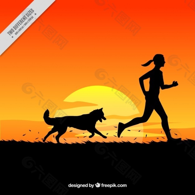 日落风景中的女人与狗的背景