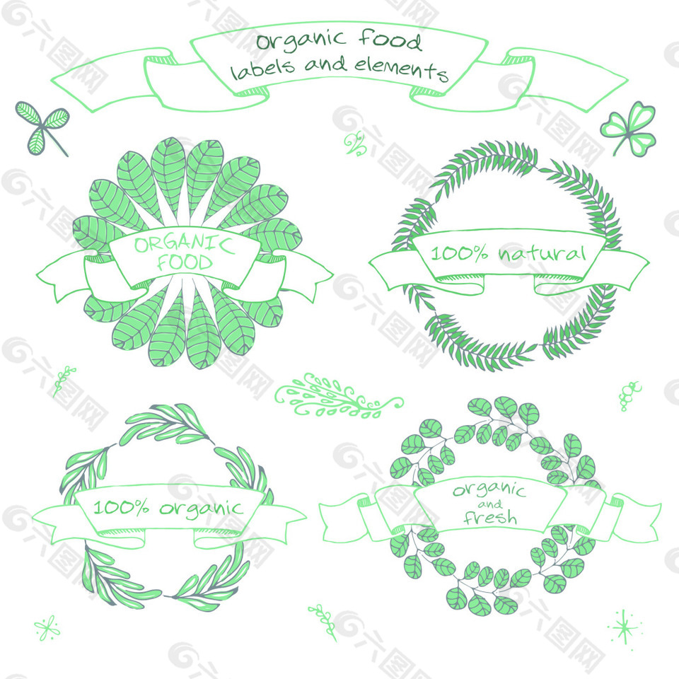 绿色水彩手绘有机植物自然花环矢量