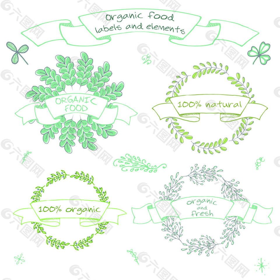水彩手绘有机植物自然花环矢量 logo