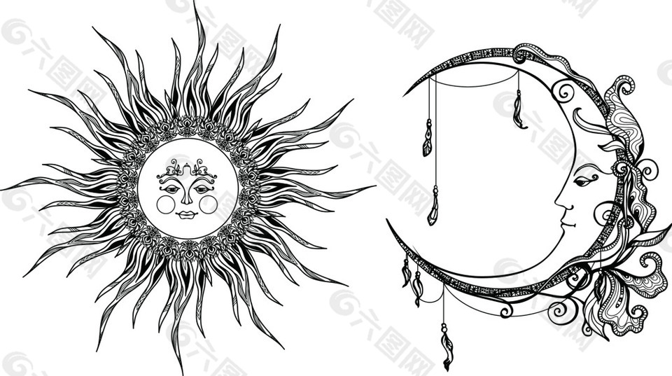 太阳和月亮纹身图案矢量