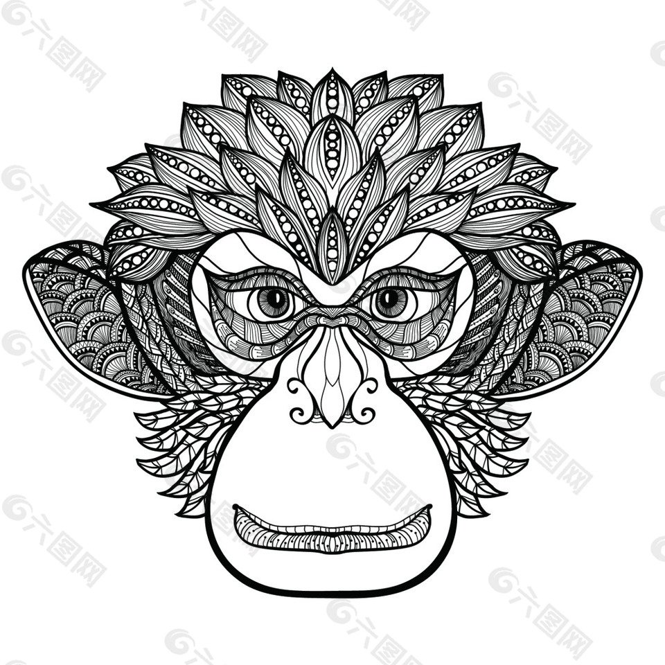 猴子创意手绘插画纹身图案矢量