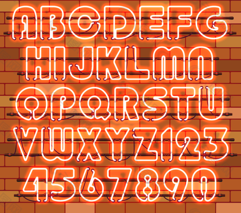 36个橙色霓虹灯字母和数字矢量