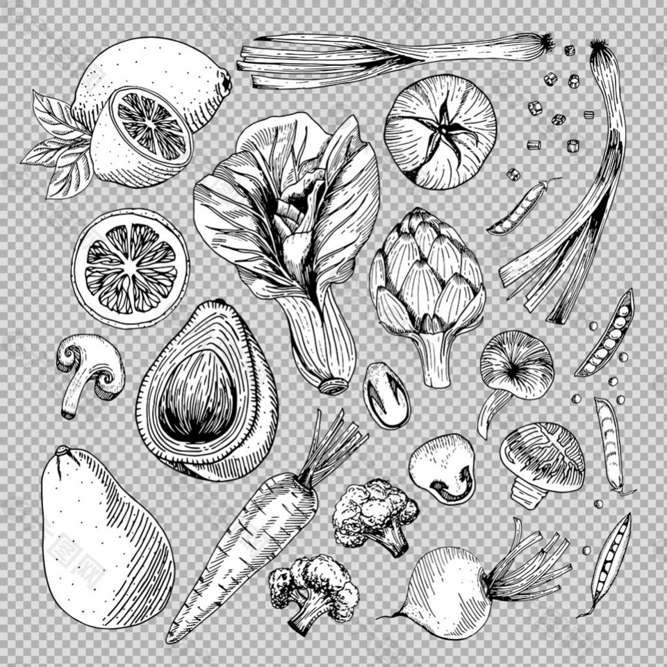 手绘素描风格蔬菜免抠png透明图层素材