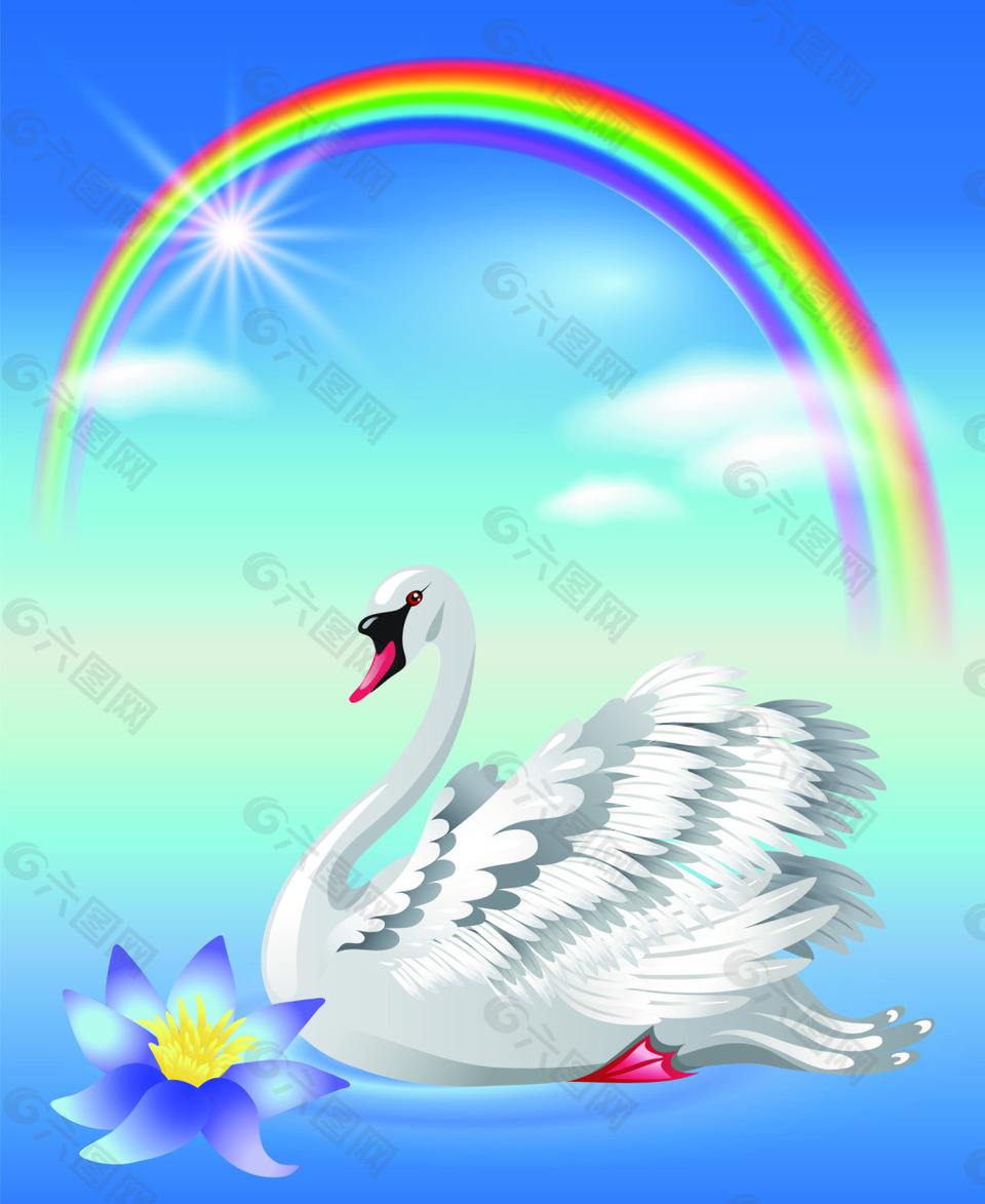 彩虹下的白色天鹅矢量插画