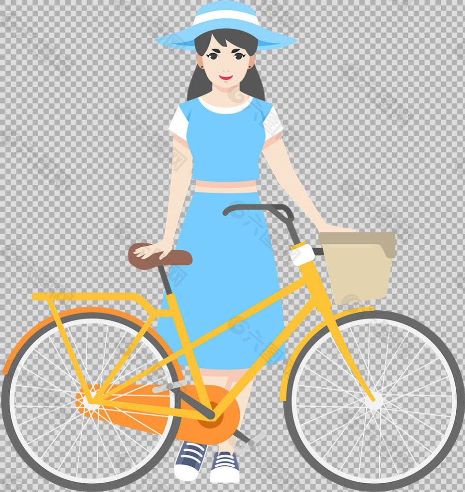 蓝裙子女孩自行车免抠png透明图层素材