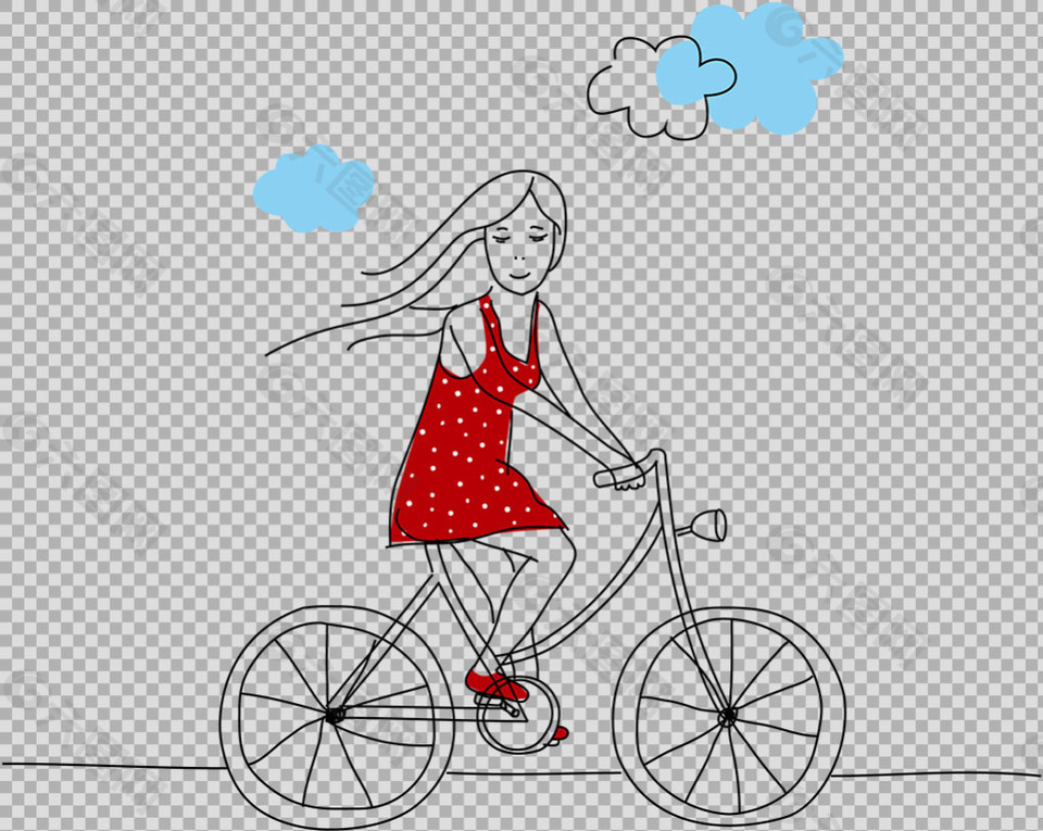红衣女孩骑自行车插画免抠png透明素材