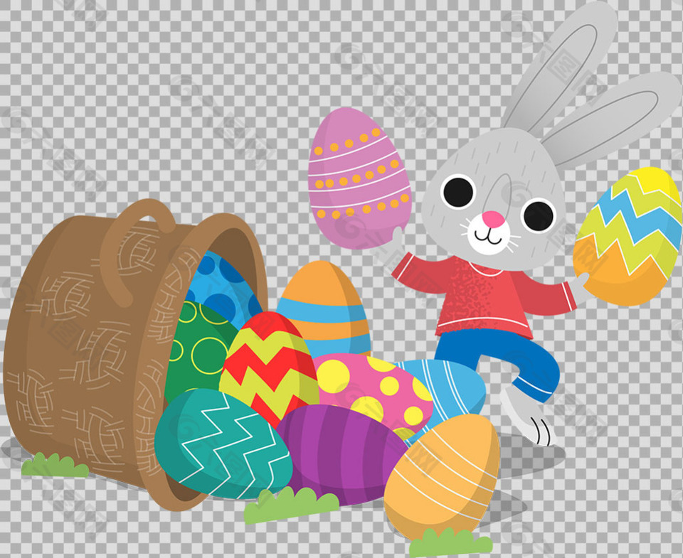 手绘彩蛋兔子篮子插图免抠png透明素材
