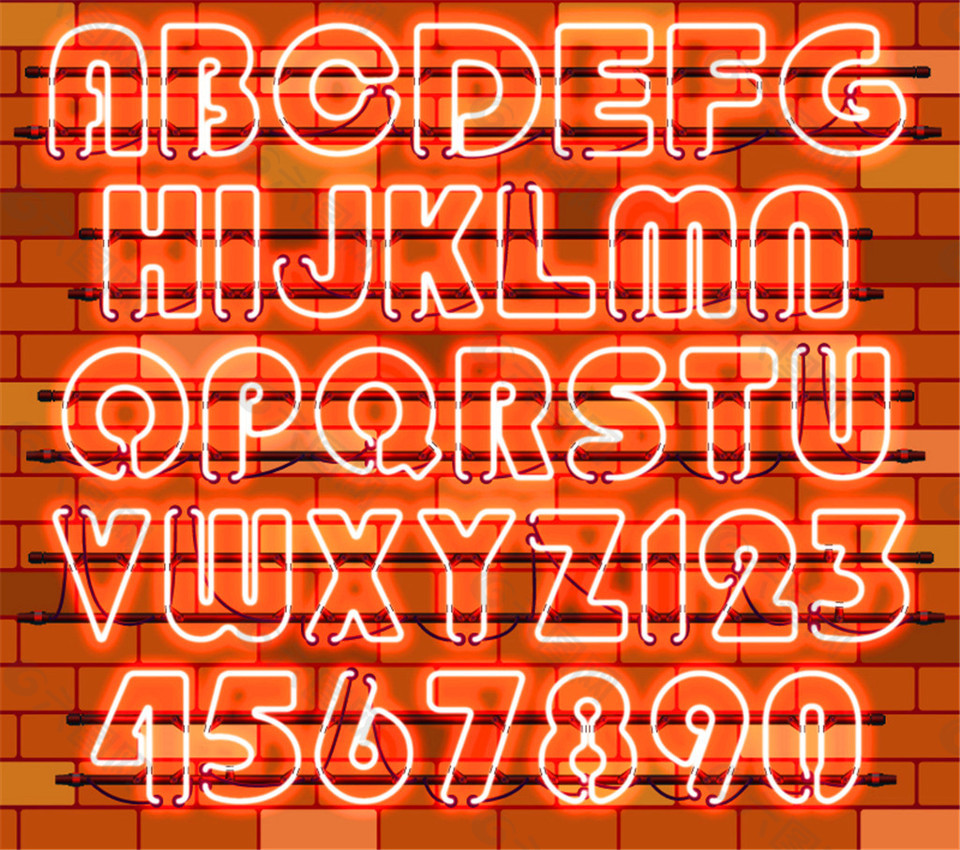36个橙色霓虹灯字母和数字矢量素材