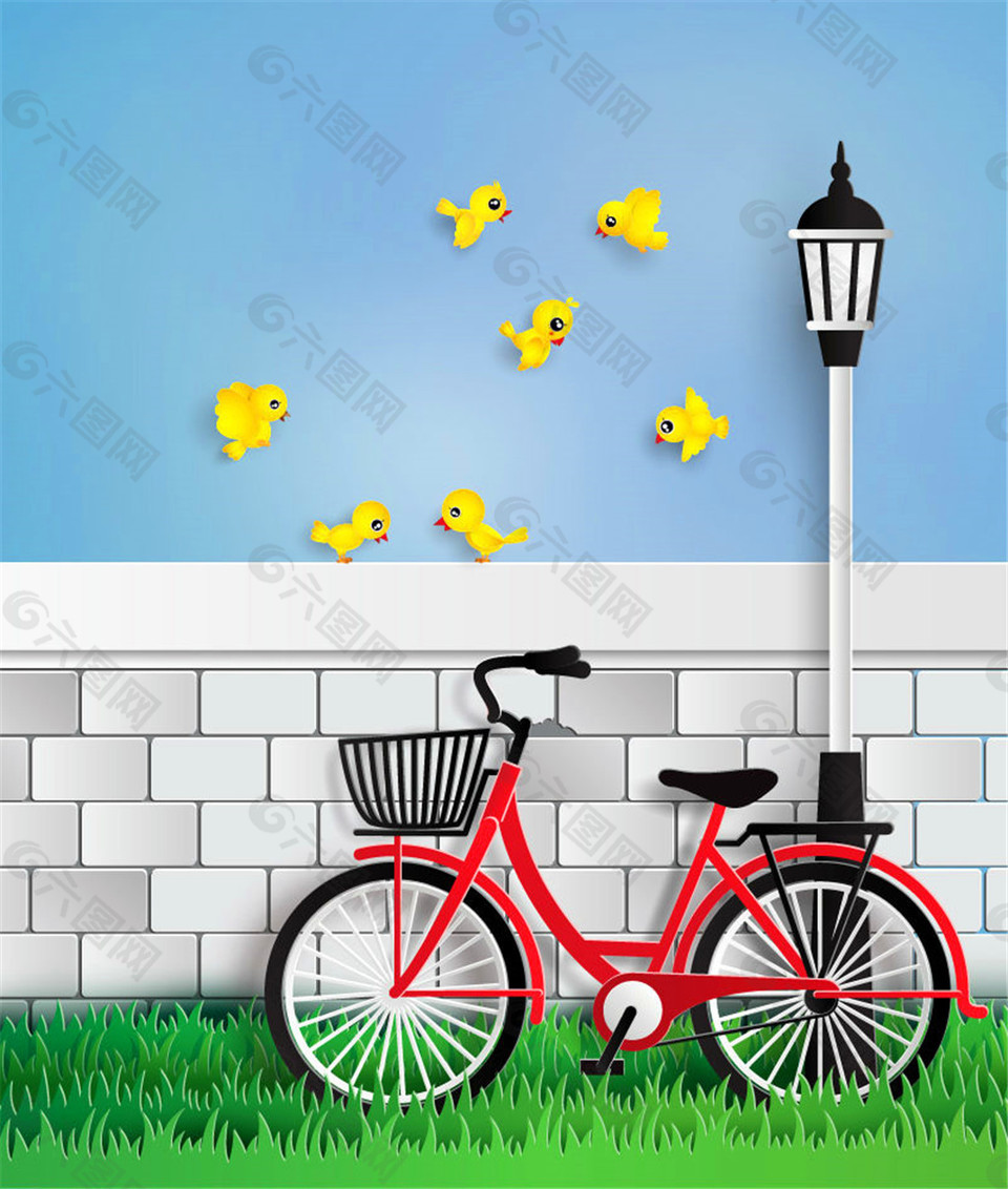 停在墙边的单车和黄色小鸟矢量素材