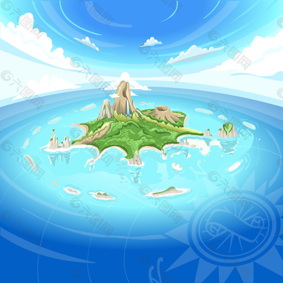 卡通海岛夏日沙滩海洋帆船矢量