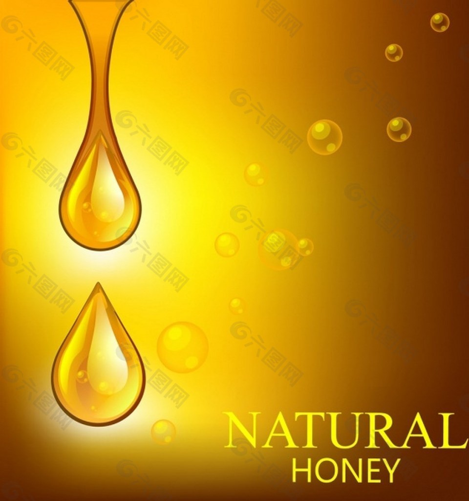 天然蜂蜜的背景下闪闪发光的金色滴装饰品