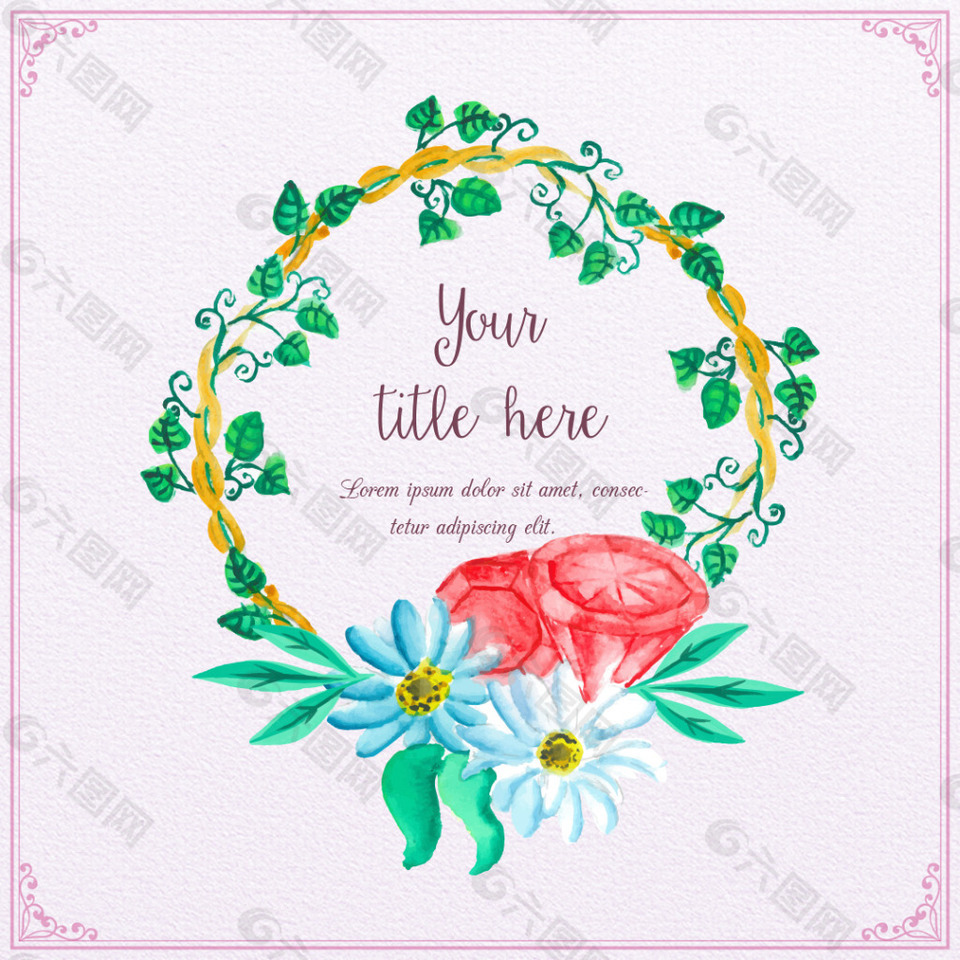 水彩彩铅手绘花卉花环唯美婚礼邀请卡