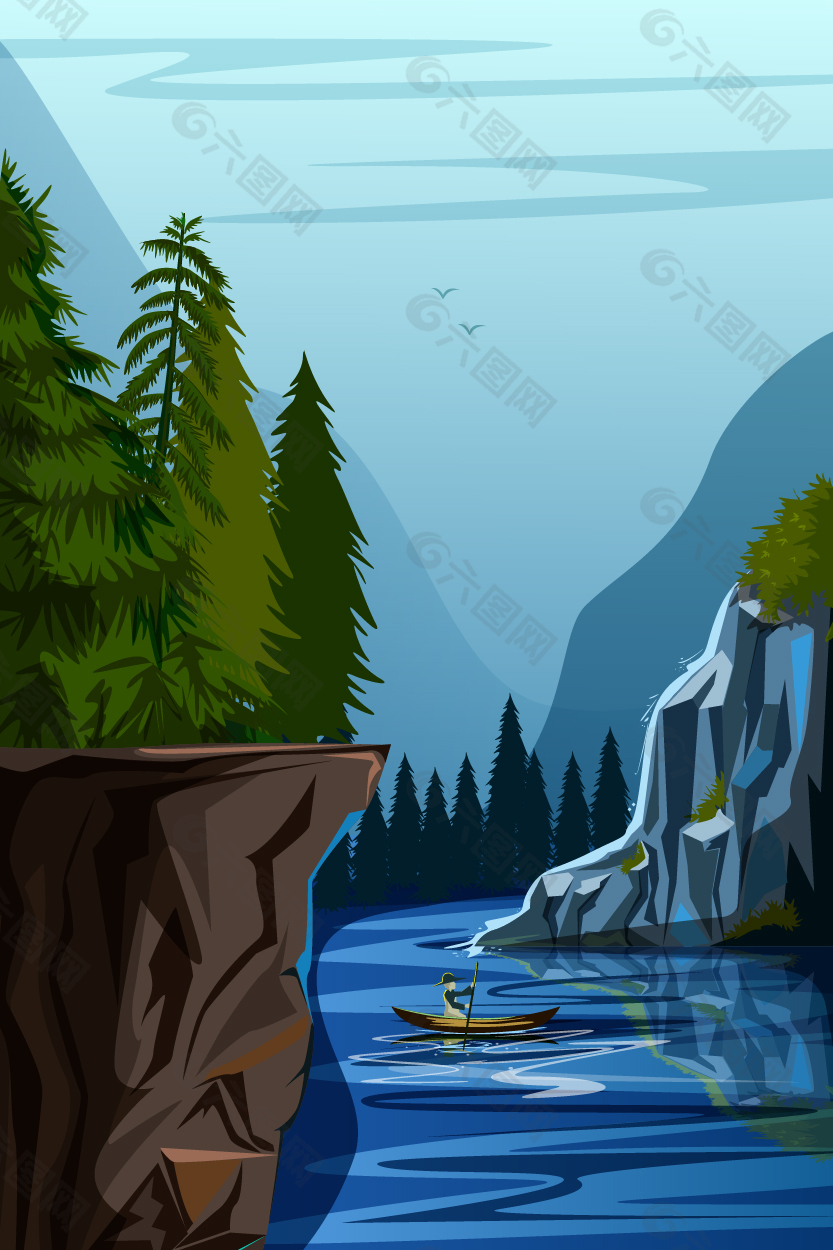 山林里的河流插画