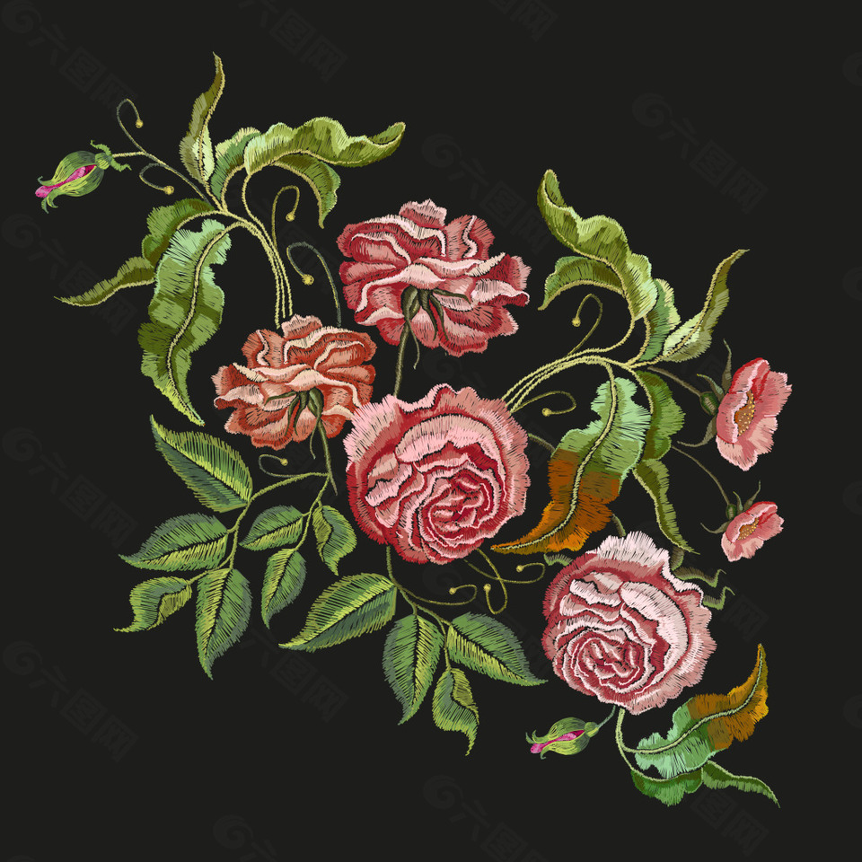 作品主题是刺绣玫瑰花图案,编号是8789372,格式是ai