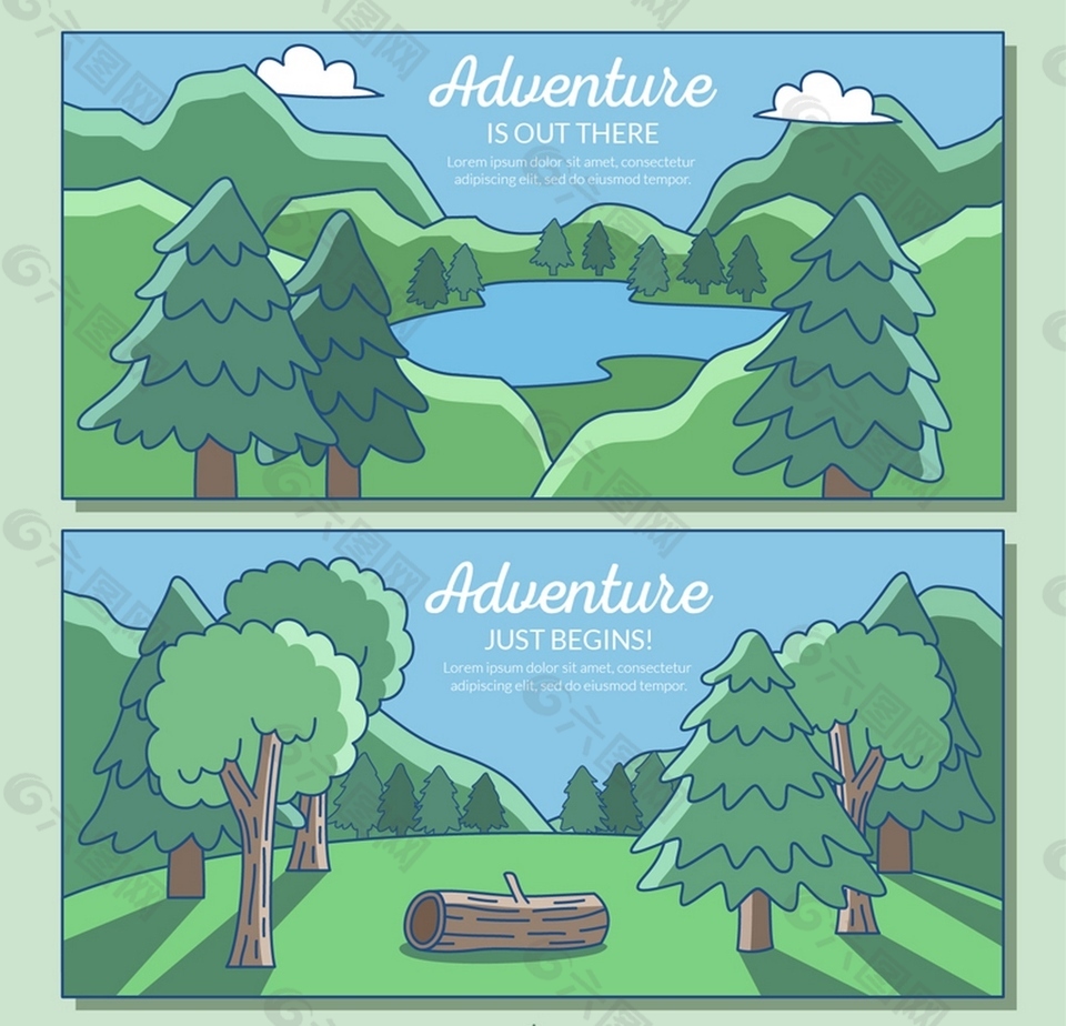 2款彩绘森林与湖泊风景矢量图