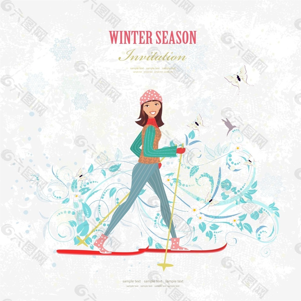 手绘女生冬天滑雪插画矢量设计素材