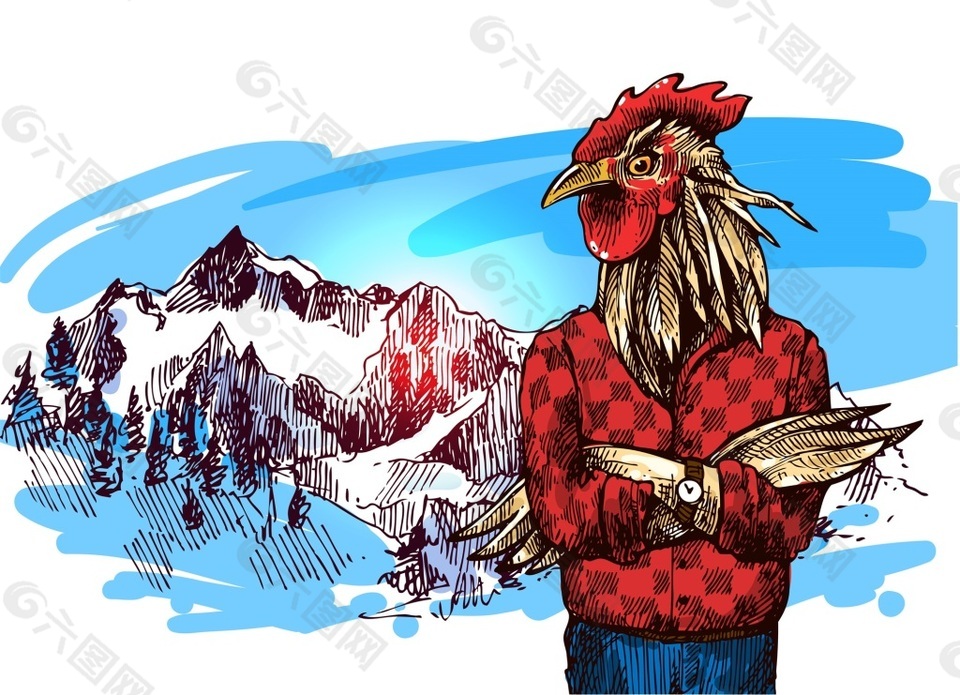 穿着毛衣的公鸡雪山冬季动物拟人装饰画矢量