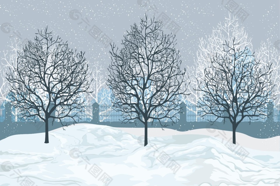 大雪里的树木插画