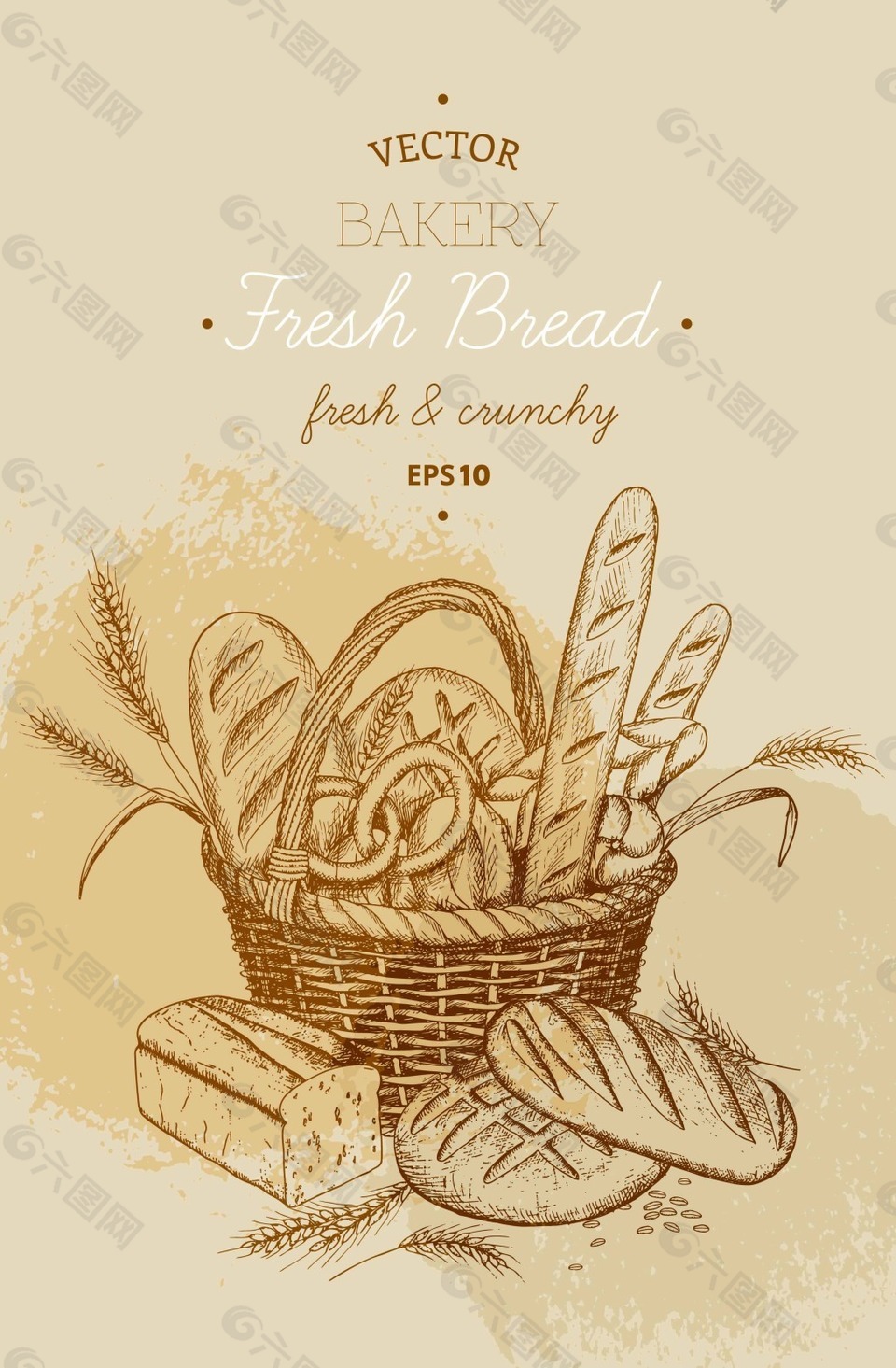 手绘一篮子烘焙面包插画