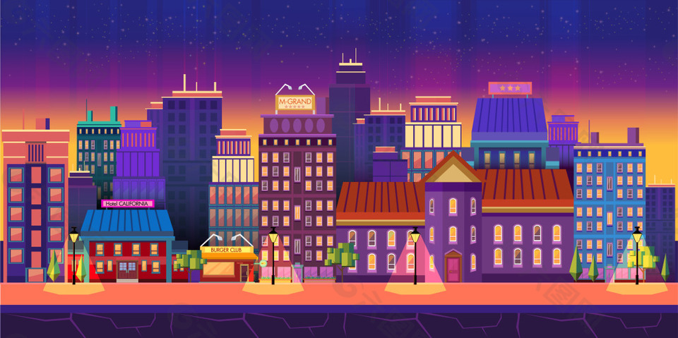 夜景城市建筑插画
