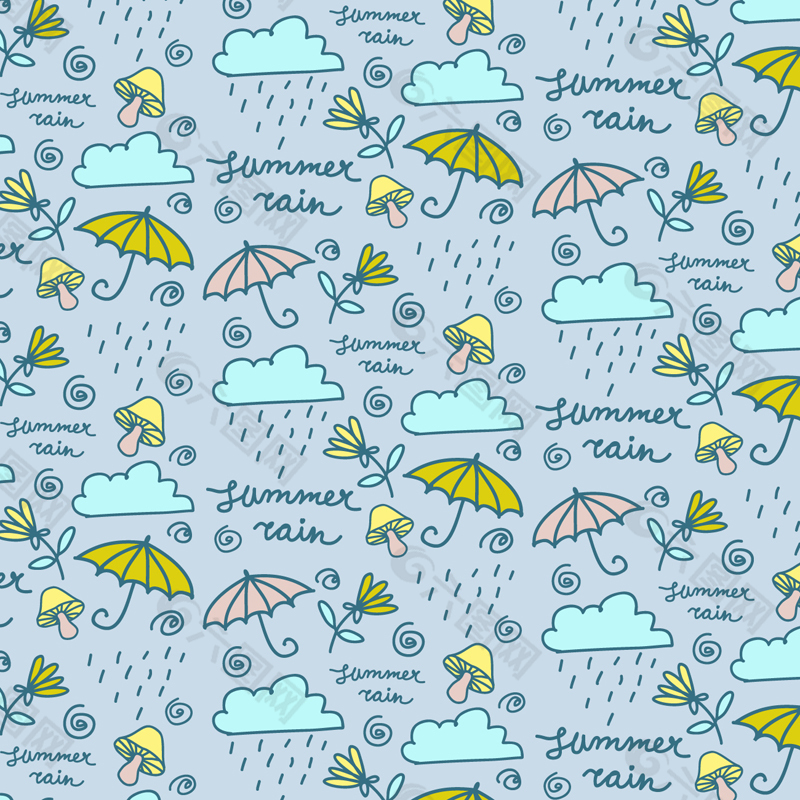 彩绘雨云和雨伞无缝背景矢量