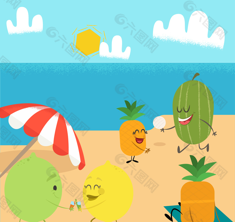 创意海边度假的水果们矢量