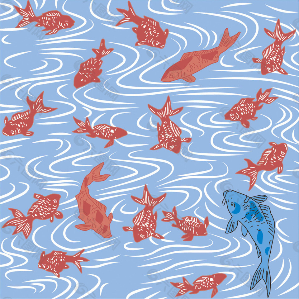 红色金鱼水纹背景图