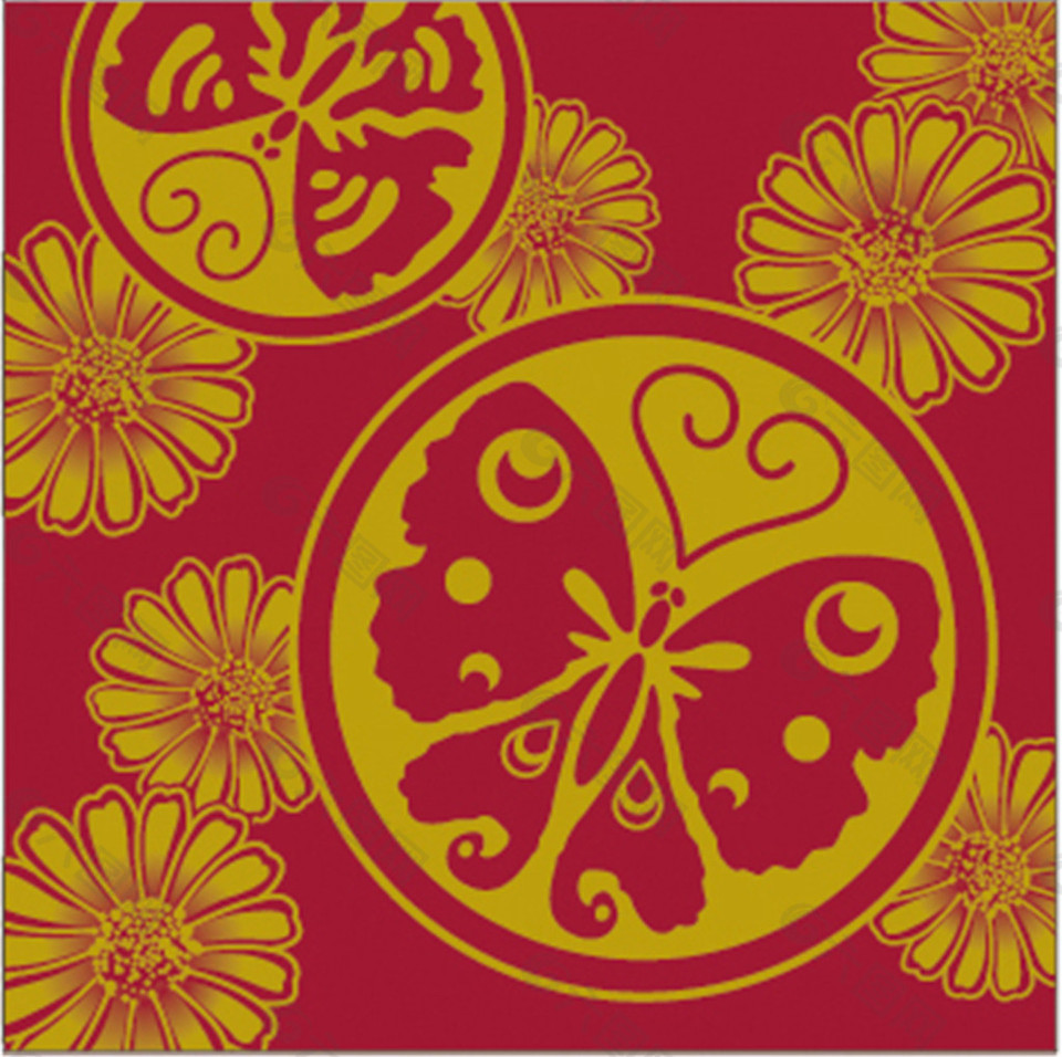 黄色圆形蝴蝶花纹装饰图