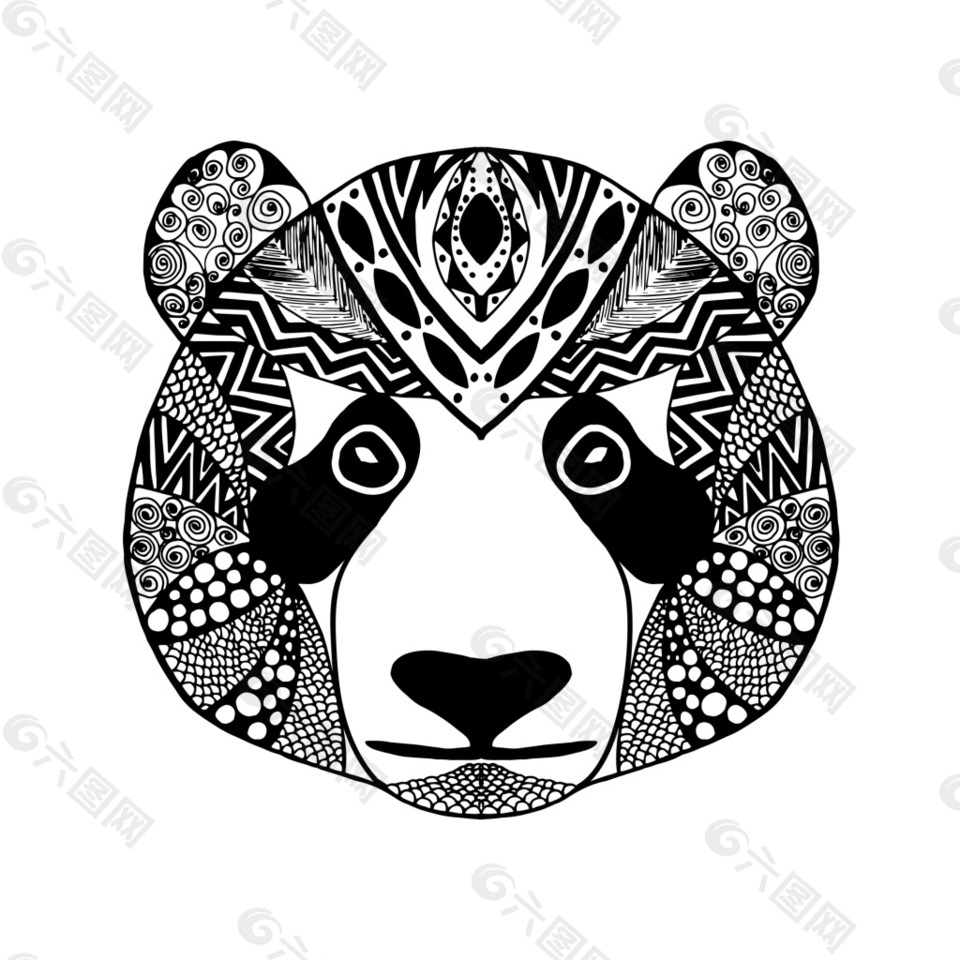 熊猫动物黑白线稿纹身图案印花矢量