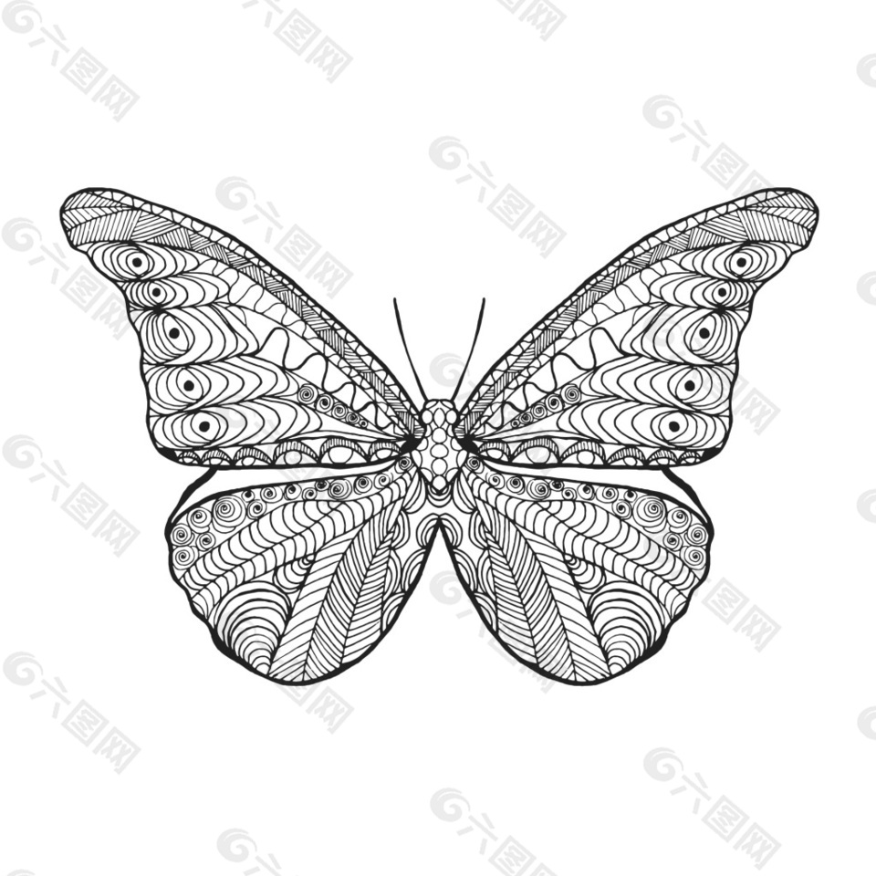 蝴蝶动物黑白线稿纹身图案印花矢量