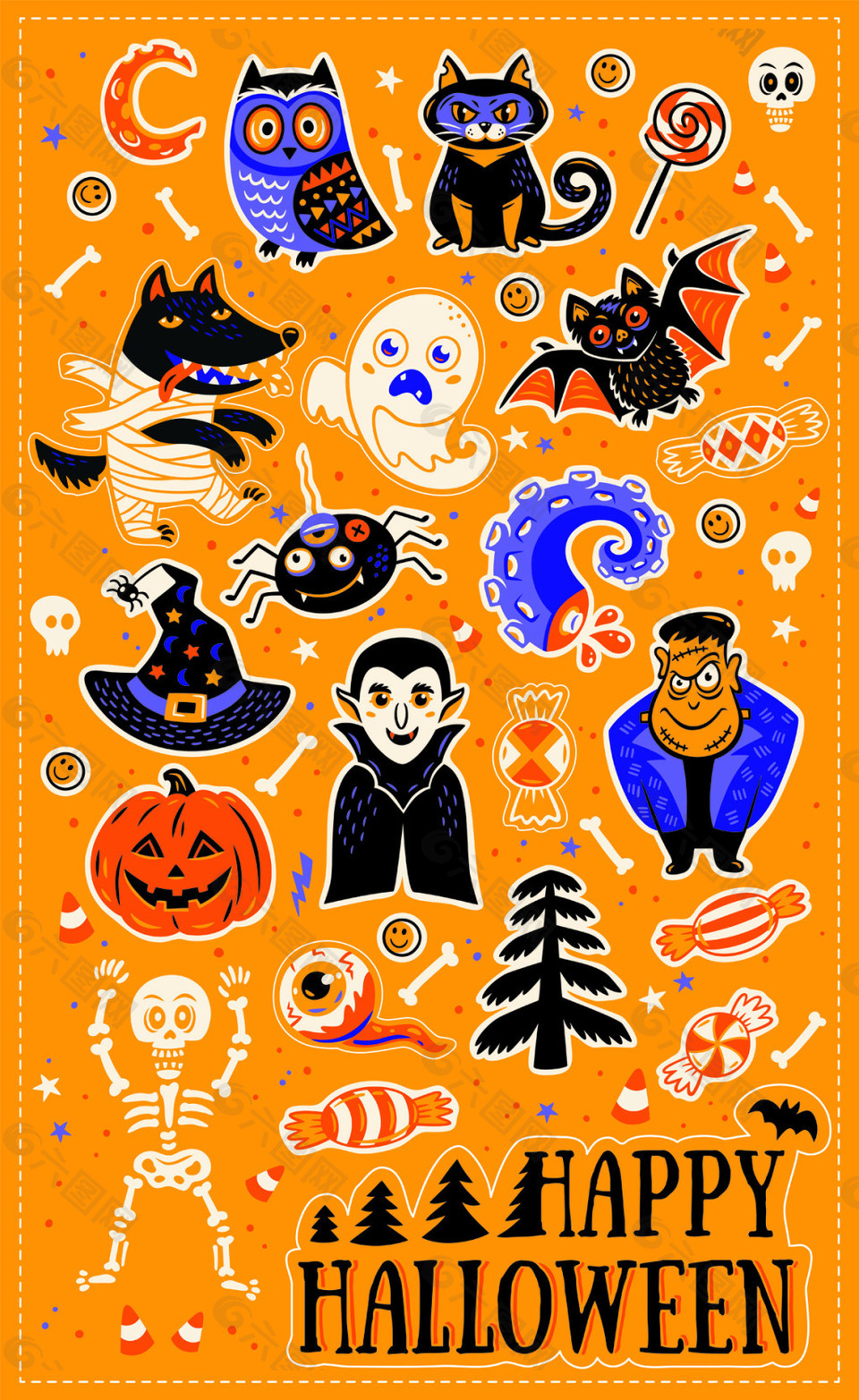 万圣节可爱卡通贴纸纹理图案