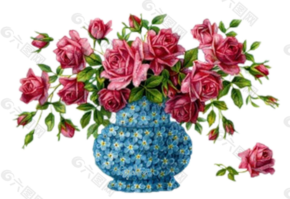蓝色花瓶玫瑰花相框素材图片