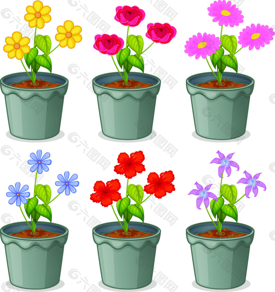 六种花卉花艺盆栽矢量装饰素材