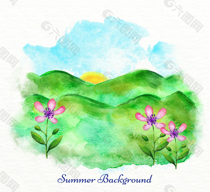 水彩绘夏季山野风景矢量